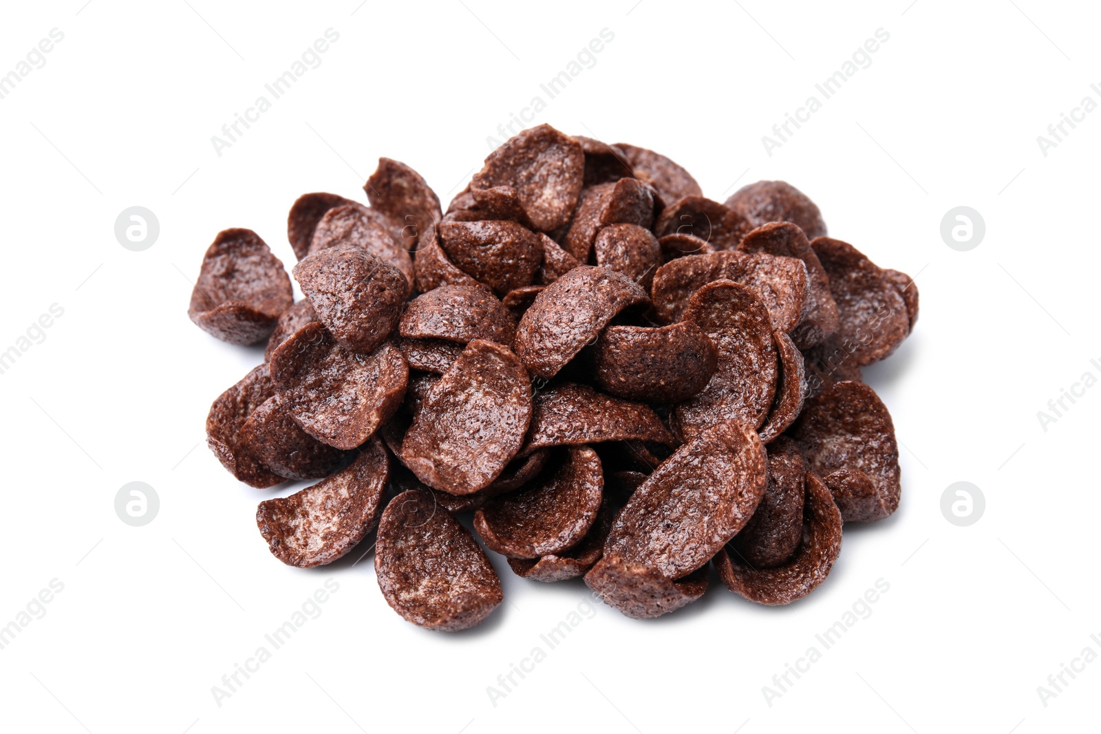 Photo of Breakfast cereal. Tasty chocolate corn flakes isolated on white