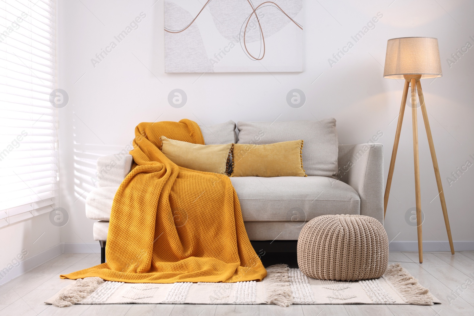 Photo of Cozy orange plaid on sofa in living room