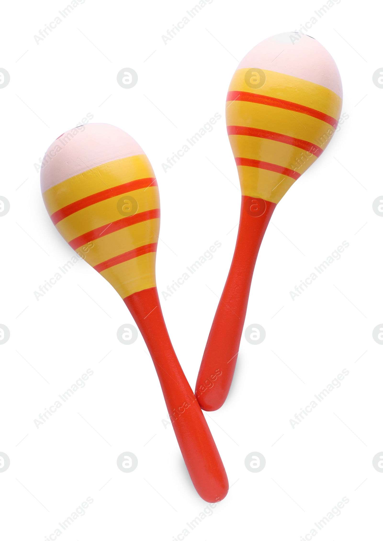 Photo of Colorful maracas on white background, top view. Musical instrument