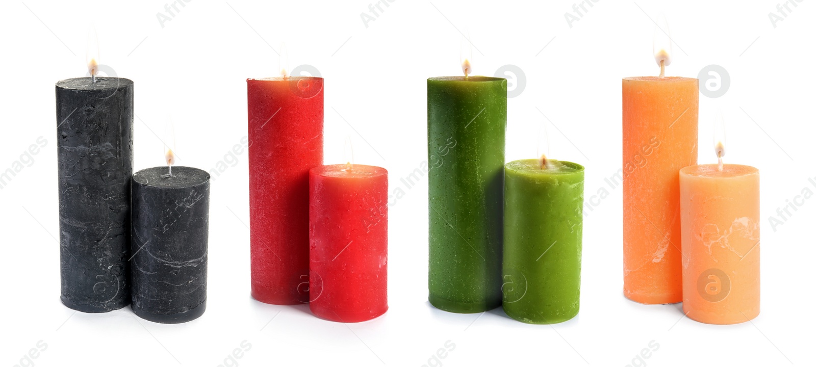 Image of Set of burning color candles on white background. Banner design