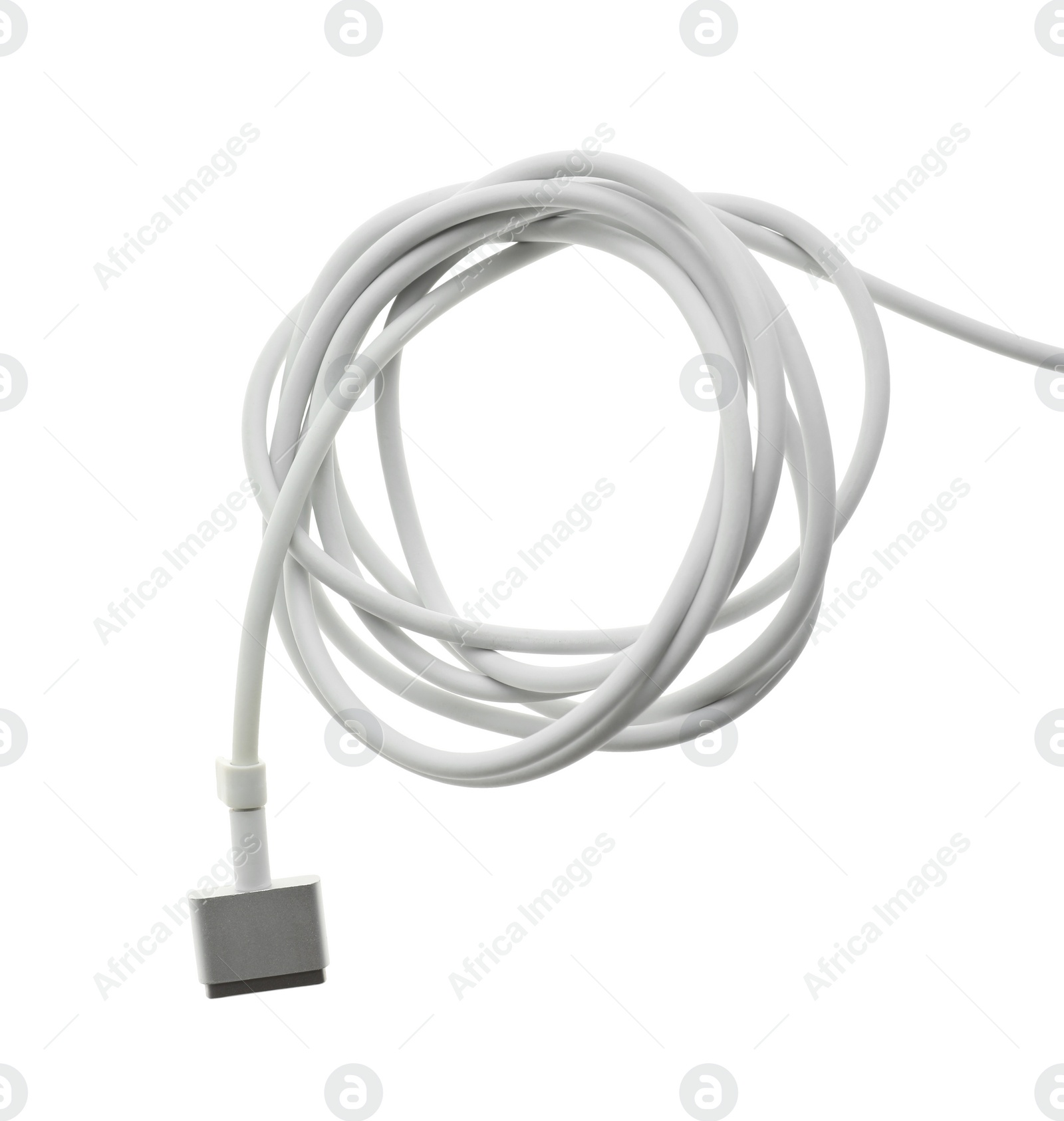 Photo of Charge cable isolated on white, top view. Modern technology