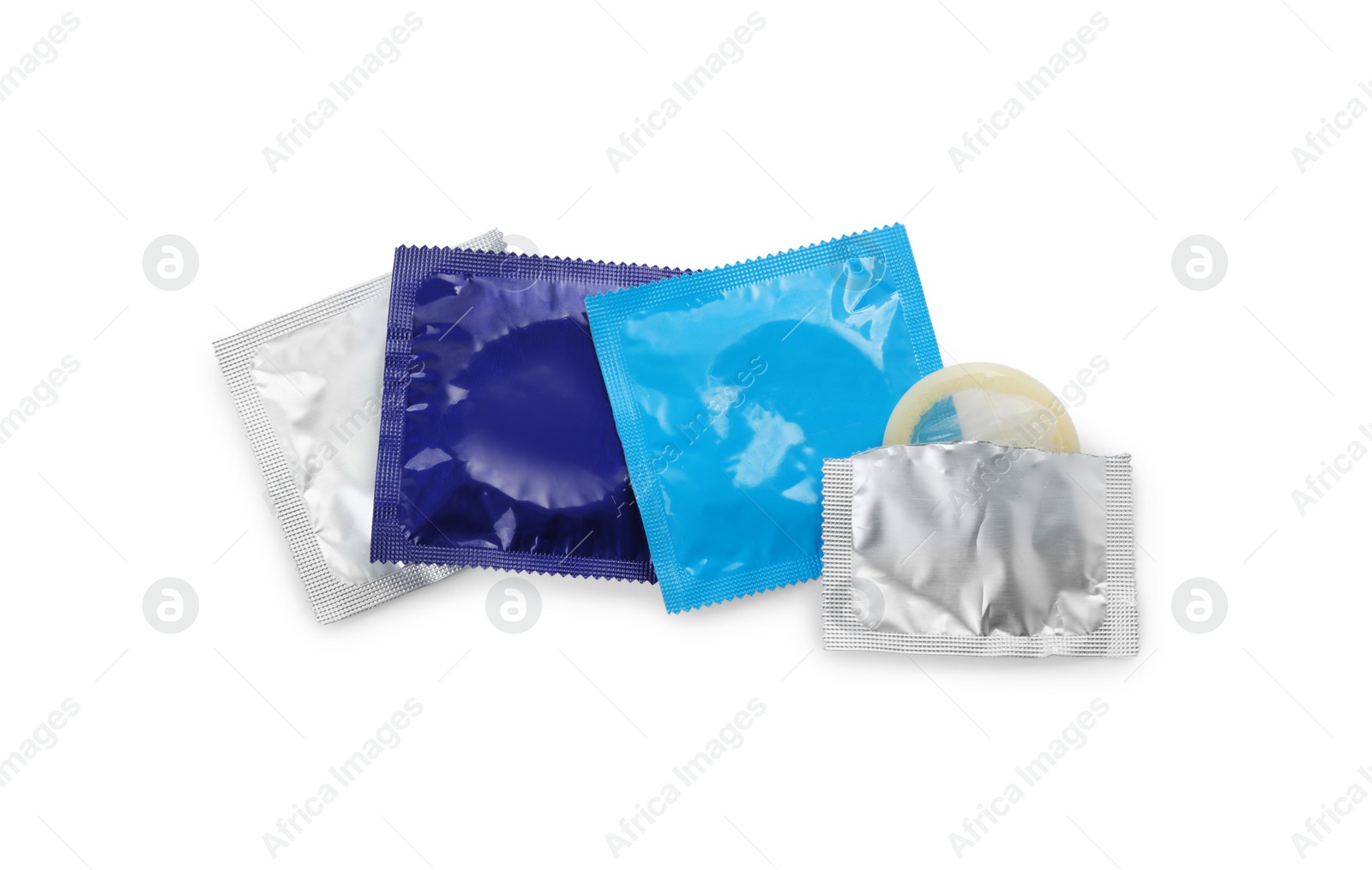 Photo of Condoms on white background, top view. Safe sex