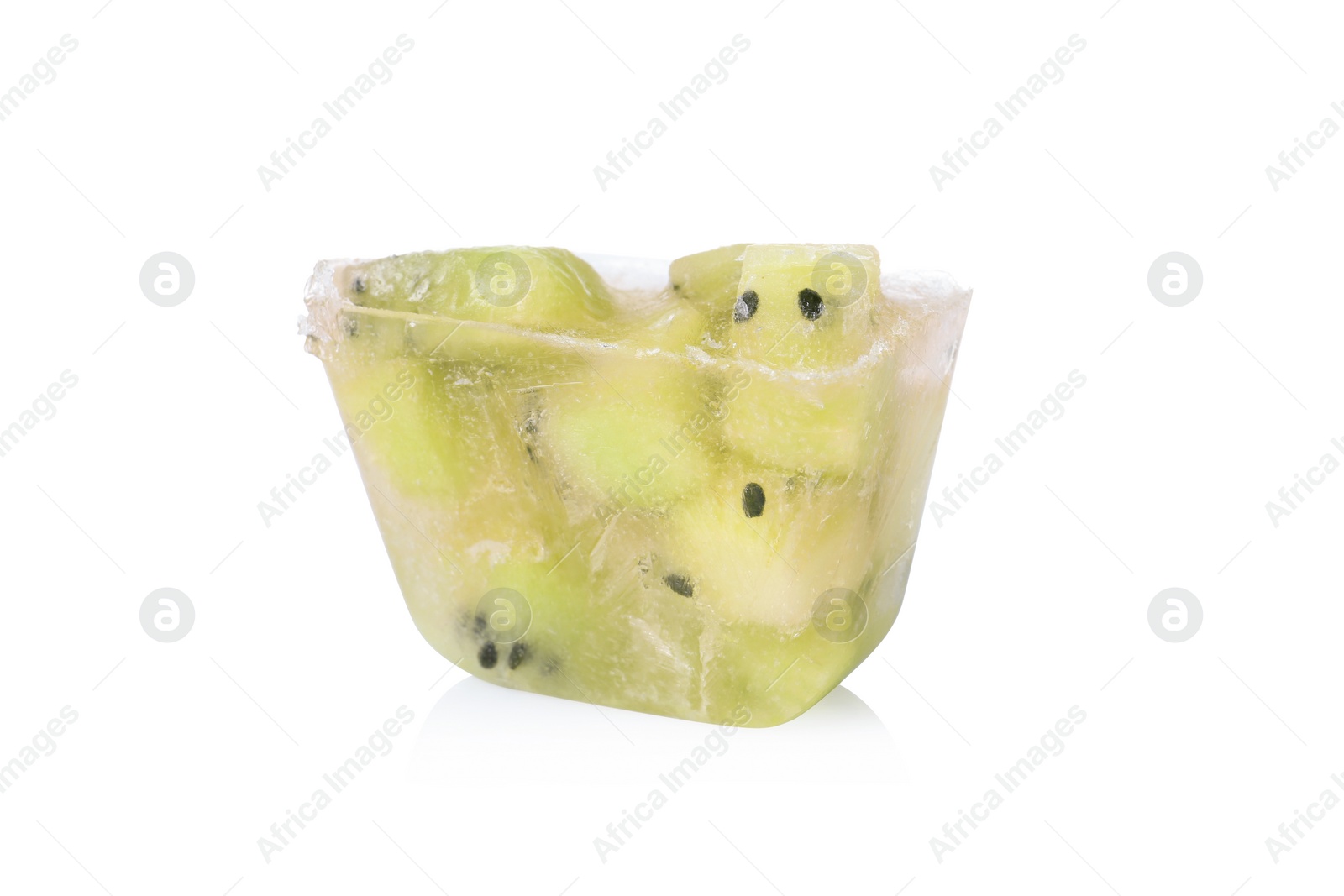 Photo of Ice cube with cut kiwi on white background