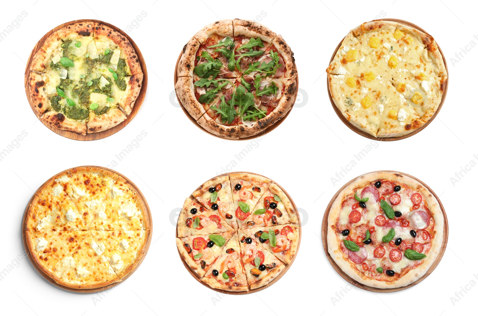 Image of Set with different delicious pizzas on white background, top view