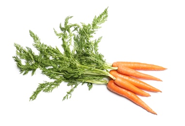 Photo of Bundle of ripe carrots isolated on white, top view