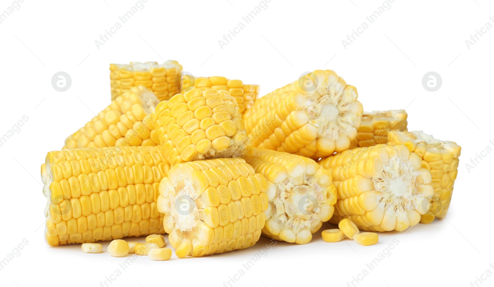 Photo of Pieces of fresh corncobs on white background
