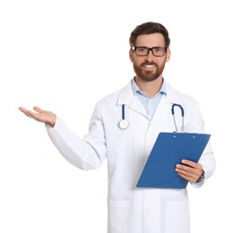 Photo of Doctor with stethoscope and clipboard on white background