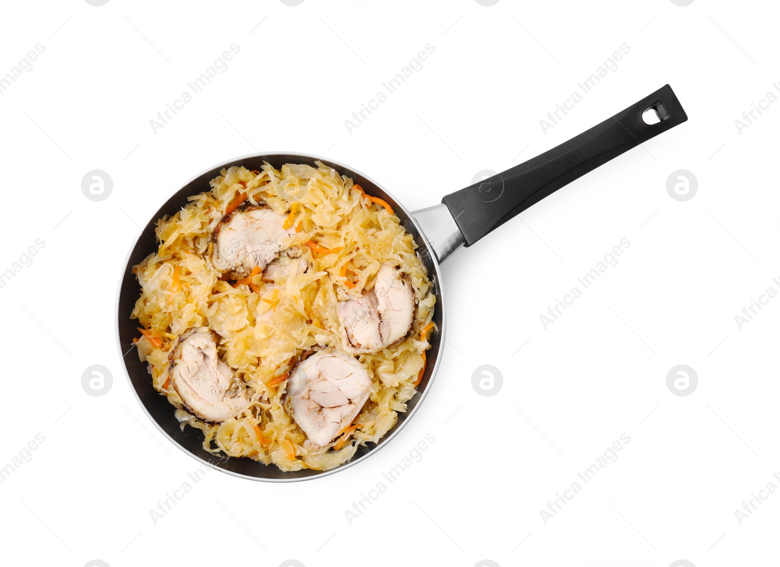 Photo of Frying pan with sauerkraut and chicken isolated on white, top view