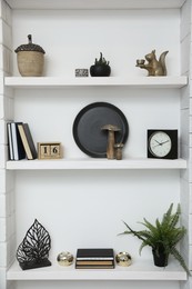 Many shelves with different decor in room. Interior design