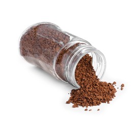 Photo of Glass jar and scattered instant coffee isolated on white