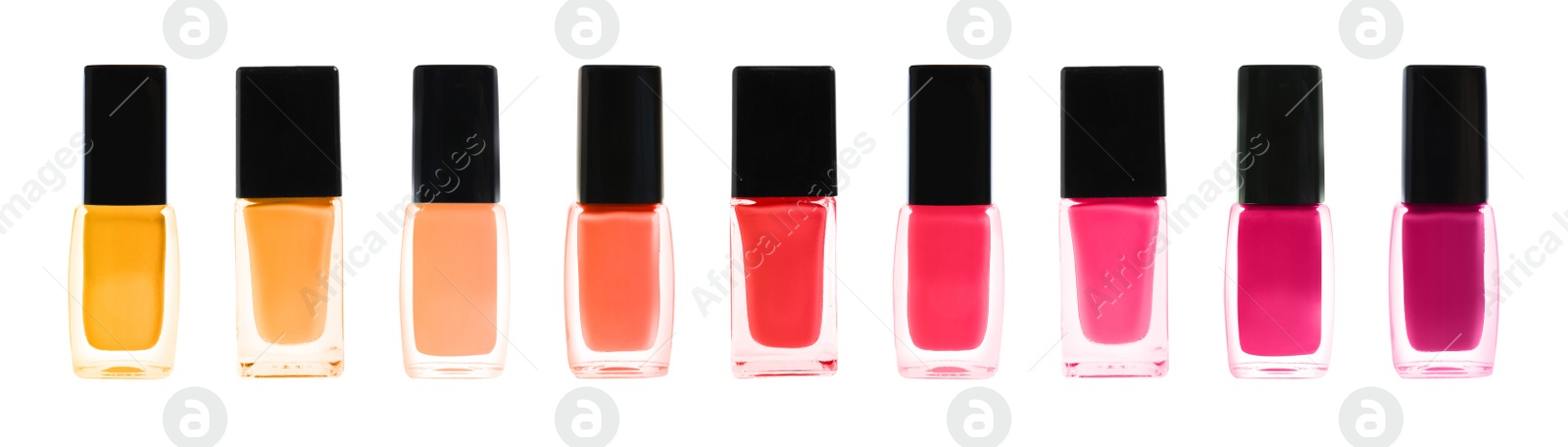 Image of Set of different nail polishes on white background. Banner design