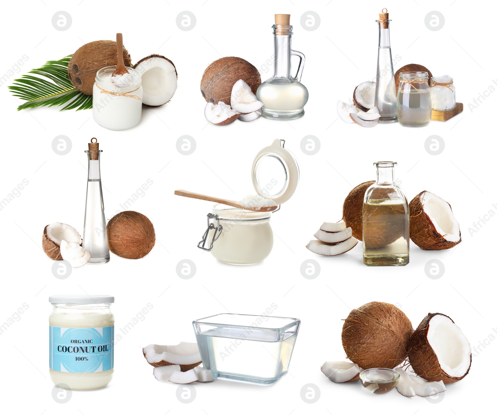 Image of Set of coconuts and organic cooking oil on white background