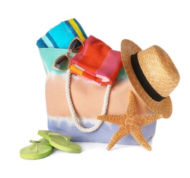 Photo of Composition with bag and beach accessories on white background