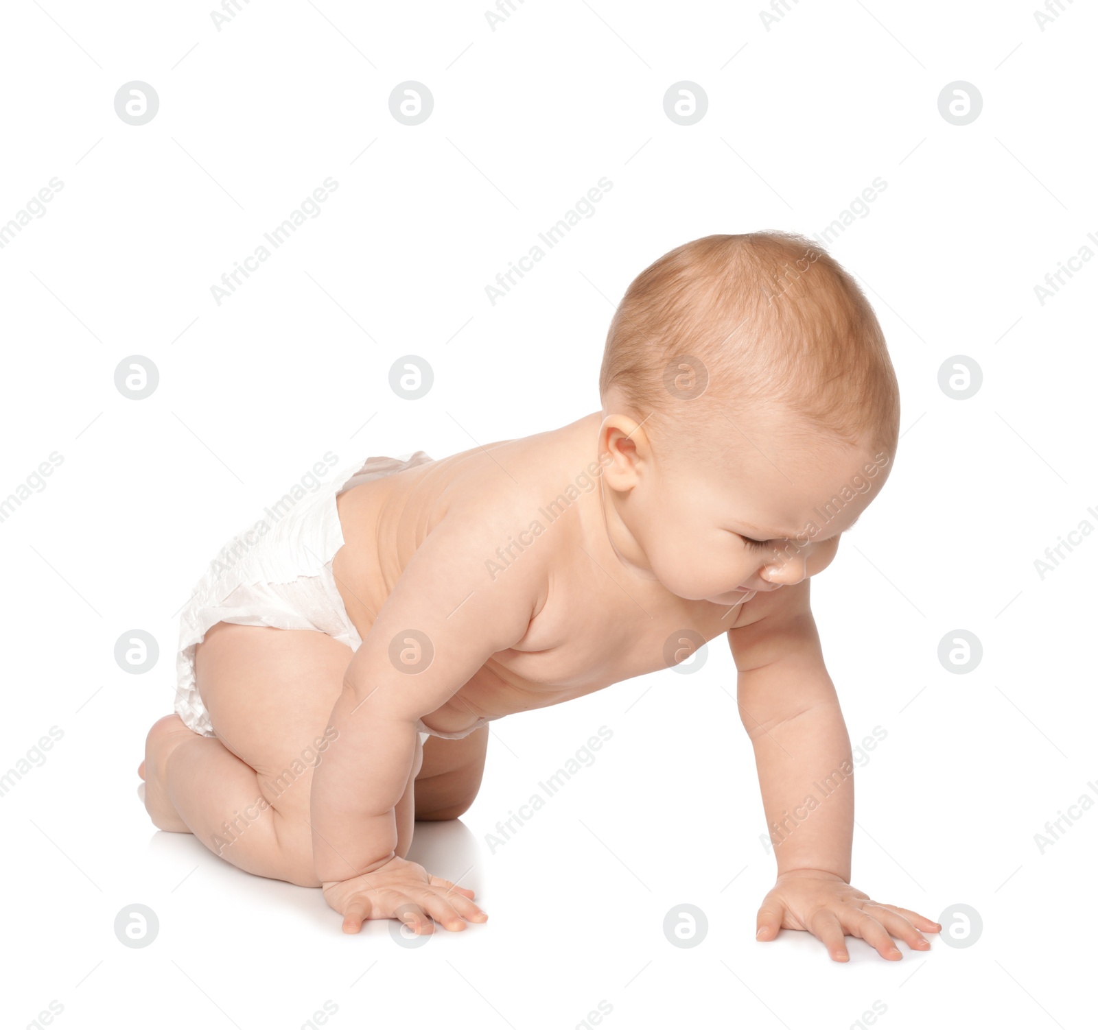 Photo of Cute little baby crawling on white background