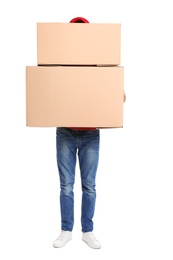 Courier with cardboard boxes on white background