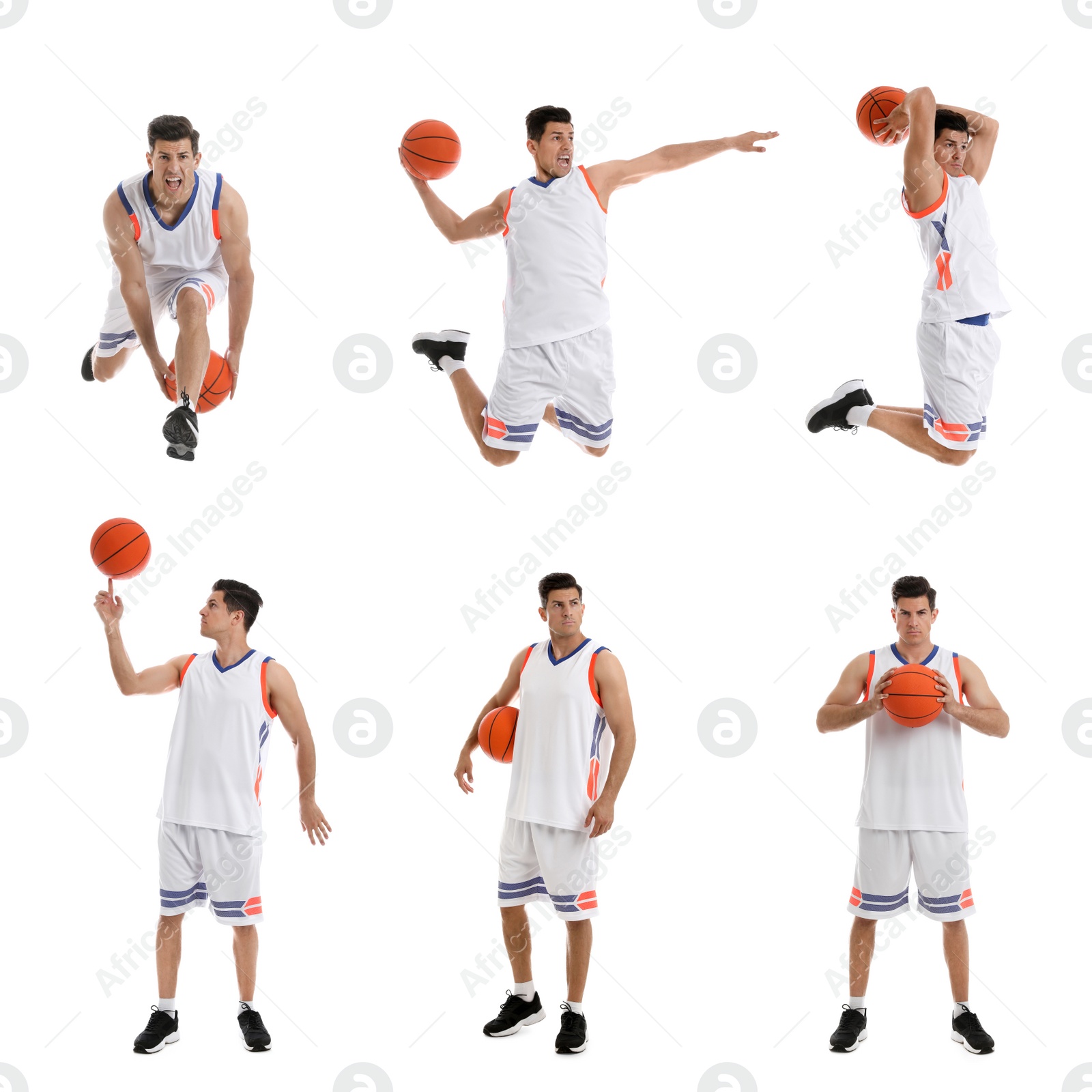 Image of Professional sportsman playing basketball on white background, collage