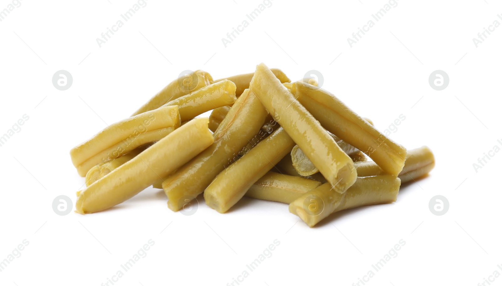 Photo of Pile of canned green beans on white background