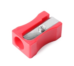 Bright red pencil sharpener isolated on white. School stationery