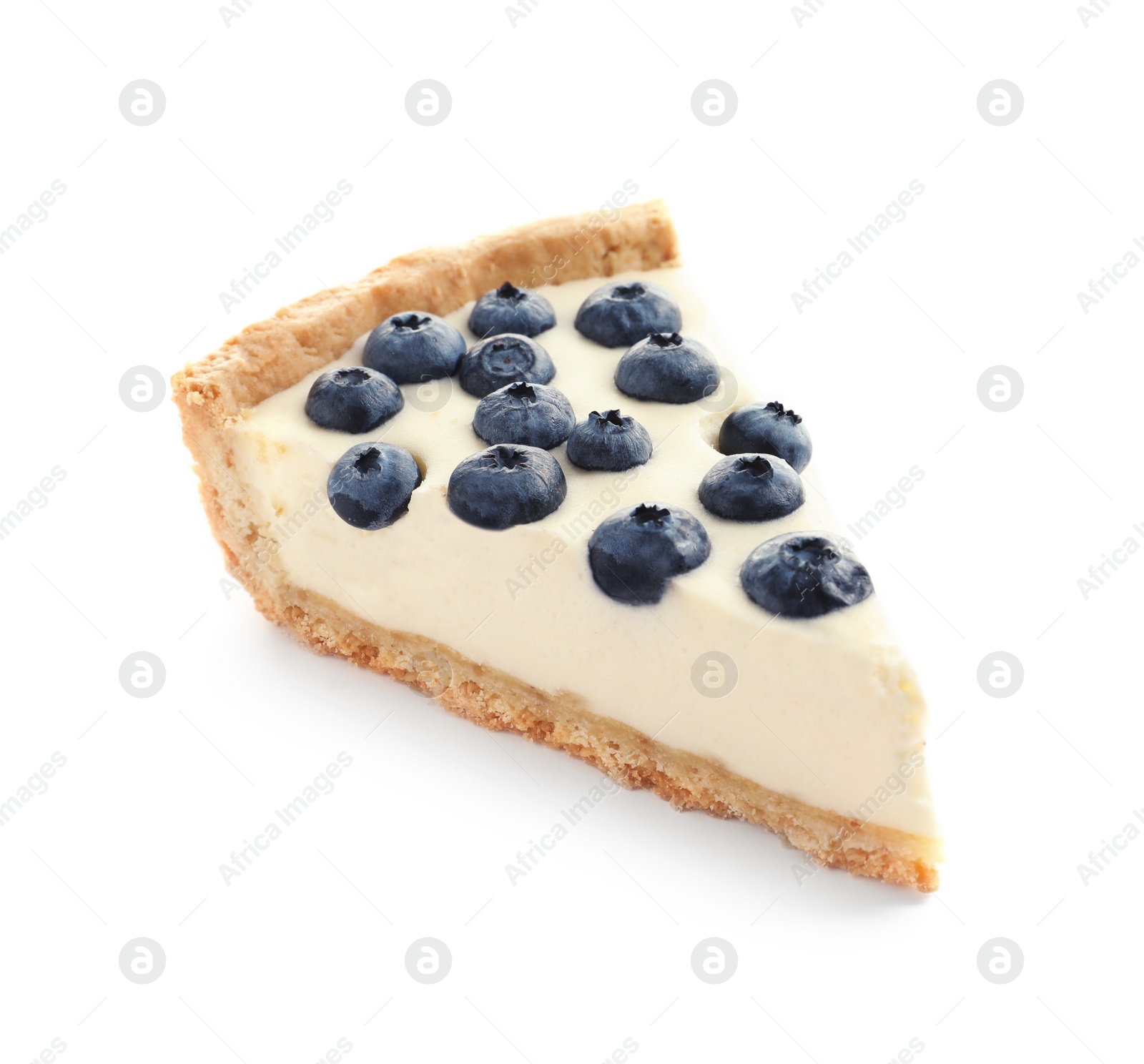 Photo of Piece of tasty blueberry cake on white background