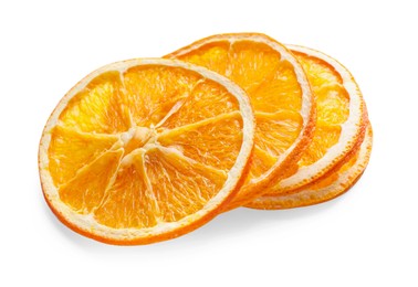 Photo of Delicious dry orange slices on white background