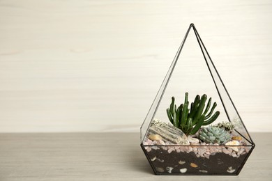 Photo of Beautiful florarium with succulents on wooden table against white background, space for text