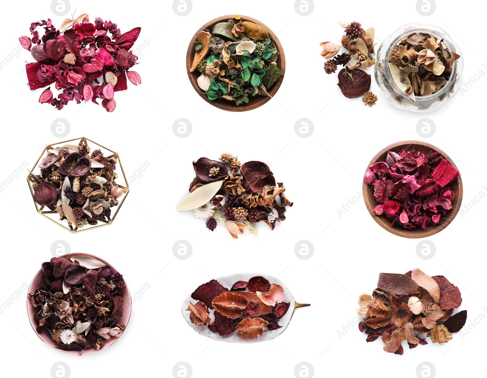 Image of Set with scented potpourri on white background, top view