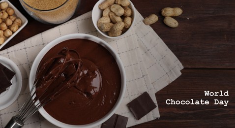 Image of World Chocolate Day. Making tasty chocolate cream or spread. Ingredients on wooden table, flat lay. Banner design
