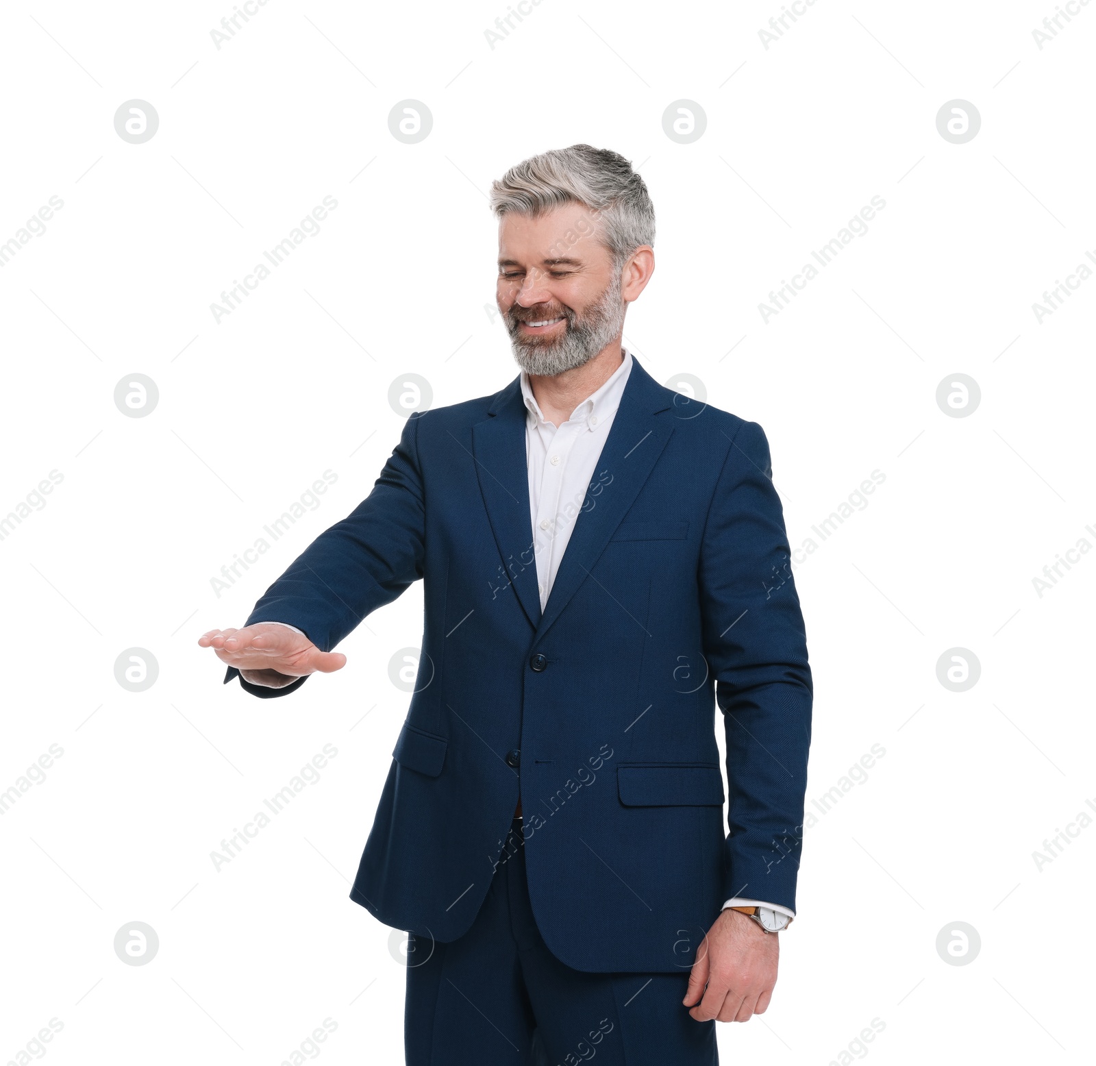 Photo of Mature businessman in stylish clothes posing on white background