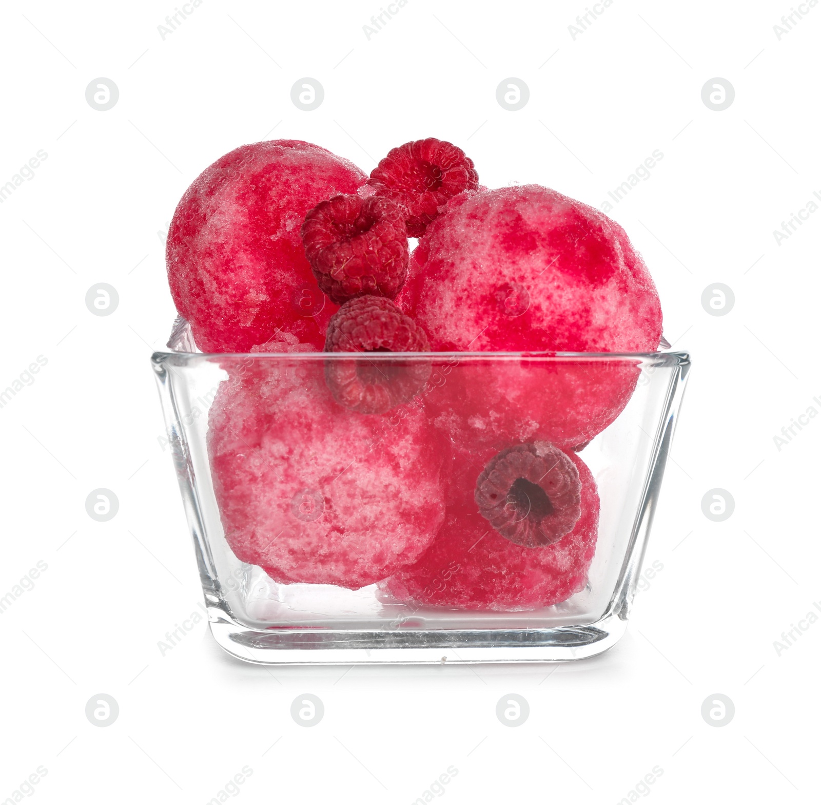 Photo of Snow ice cream with raspberries in bowl on white background