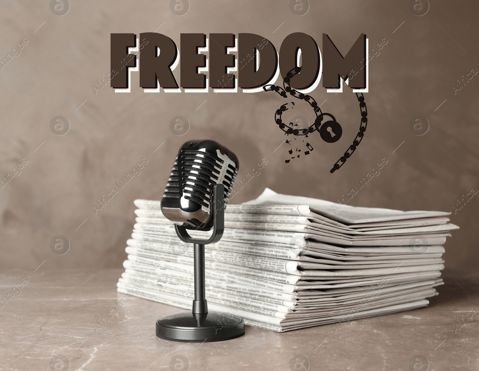 Image of Freedom of speech. Newspapers and microphone on light brown marble table. Illustration of broken chain