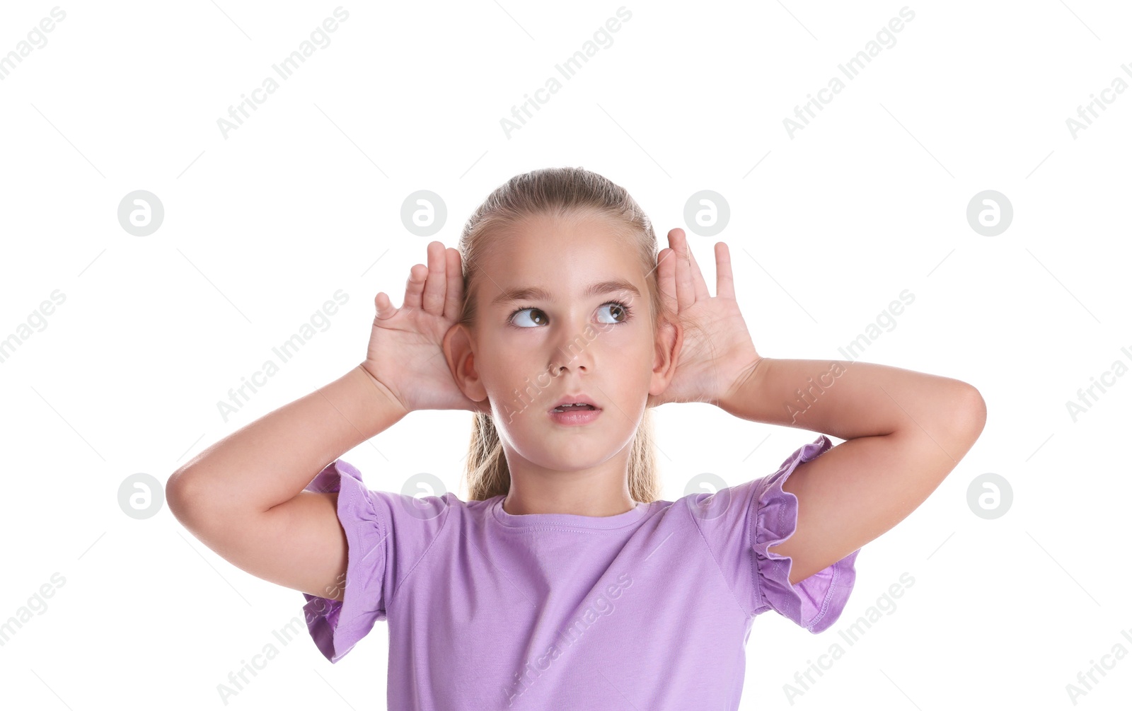 Photo of Cute little girl with hearing problem on white background