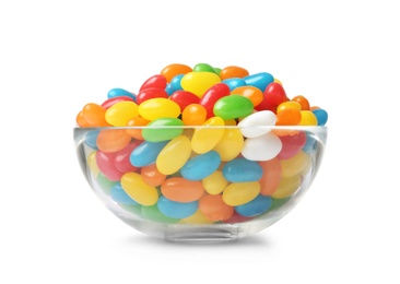 Photo of Glass bowl of tasty bright jelly beans isolated on white