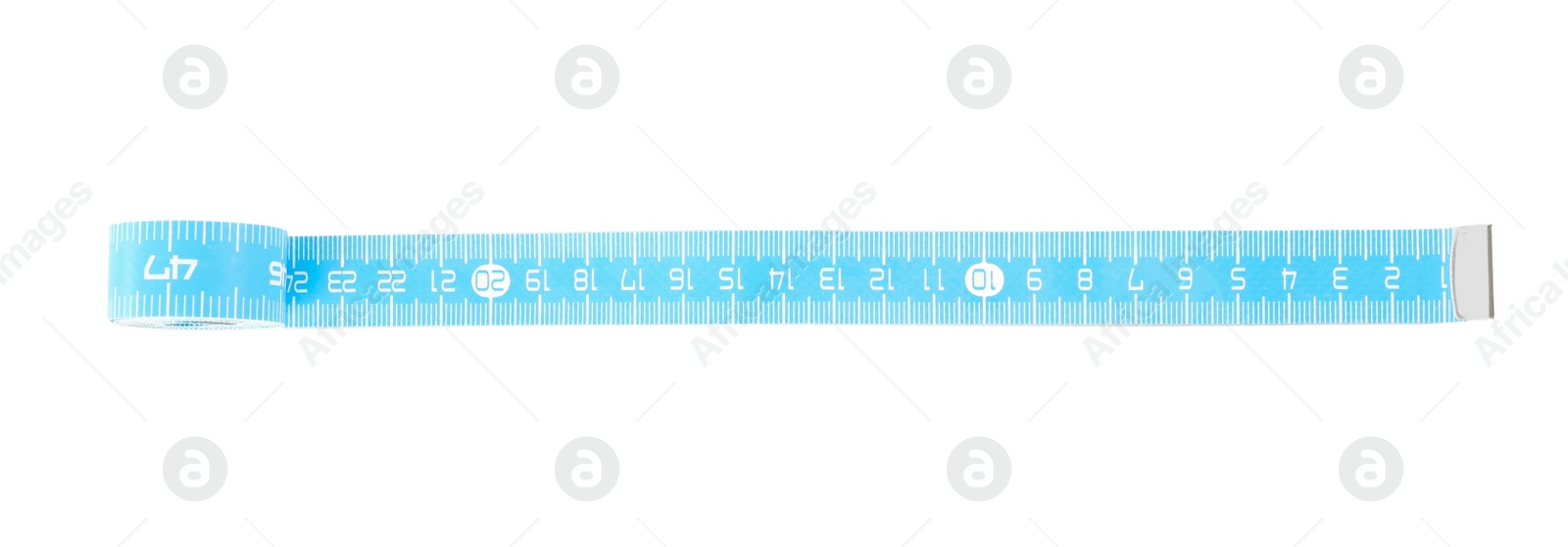 Photo of Light blue measuring tape isolated on white, top view