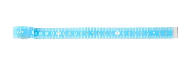 Light blue measuring tape isolated on white, top view