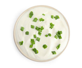Photo of Fresh sour cream with onion on white background, top view