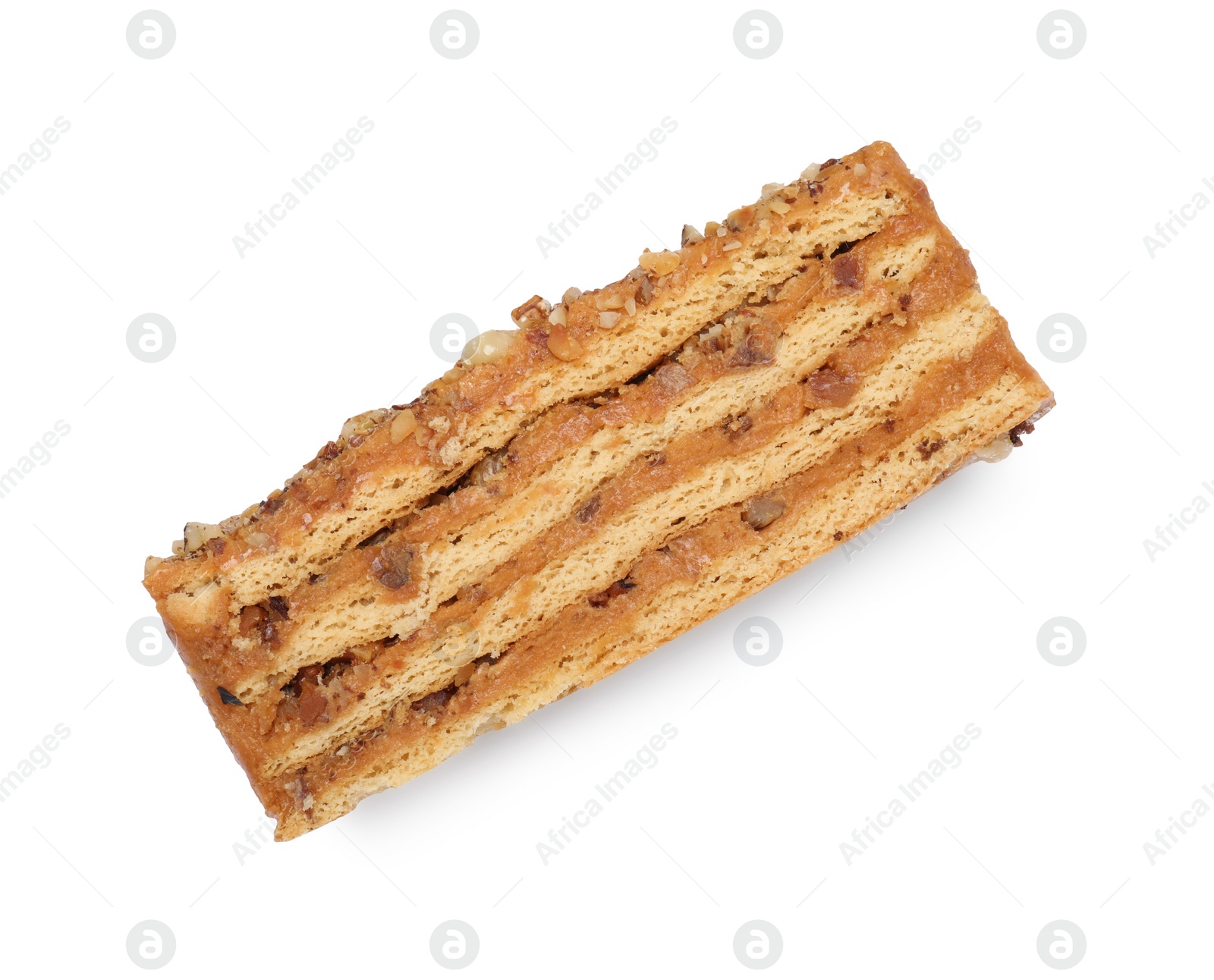 Photo of Delicious layered honey cake isolated on white, top view