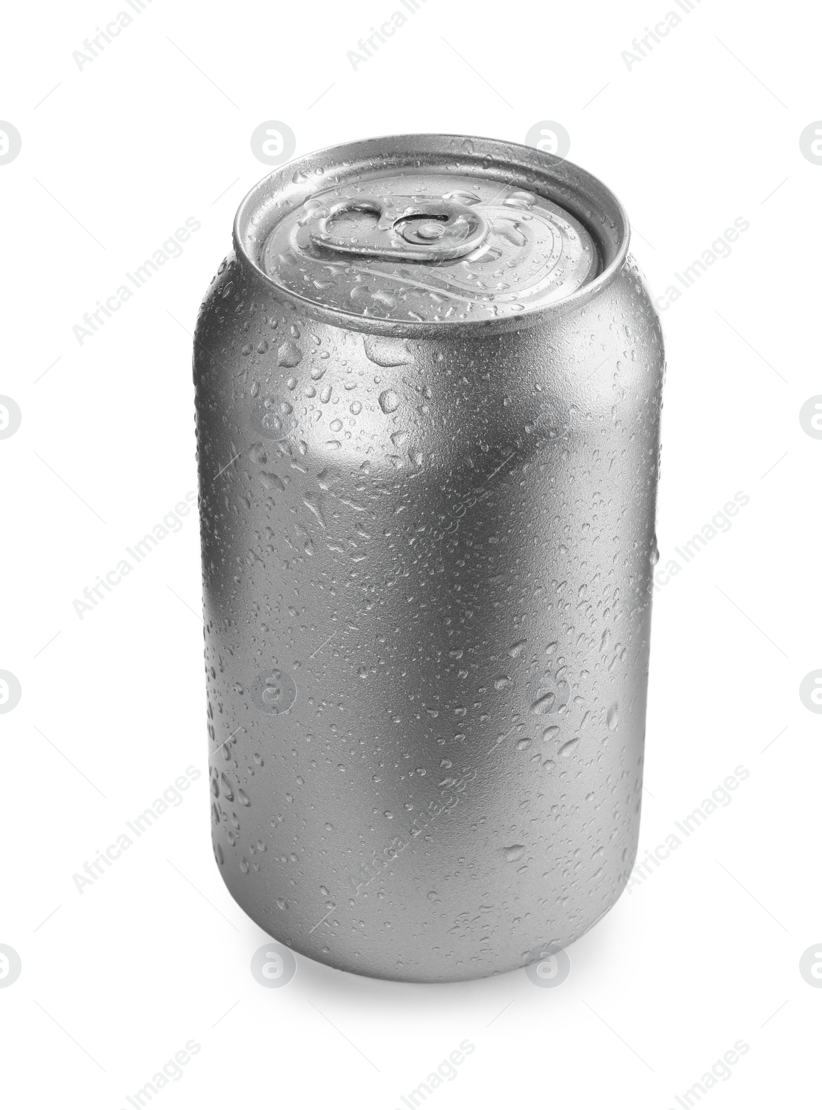 Photo of Can of energy drink with water drops isolated on white. Mockup for design