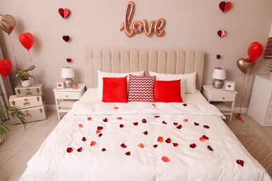 Cozy bedroom decorated for Valentine Day. Interior design