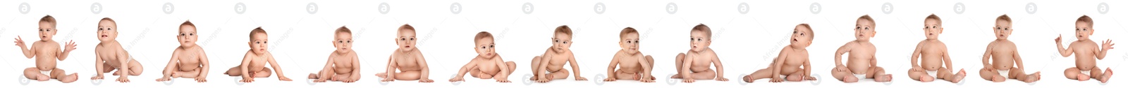 Image of Collage of cute little baby on white background. Banner design