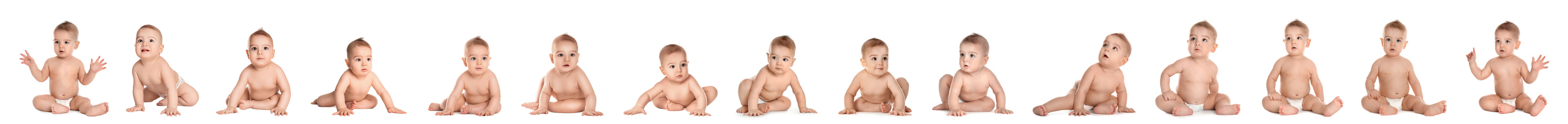 Collage of cute little baby on white background. Banner design