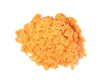 Pile of orange kinetic sand on white background, top view