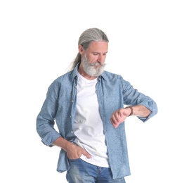 Photo of Handsome bearded mature man on white background