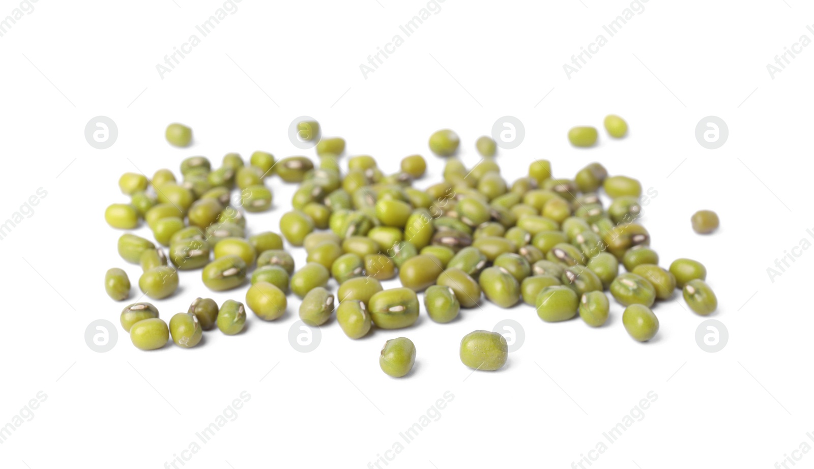 Photo of Pile of green mung beans on white background. Organic grains