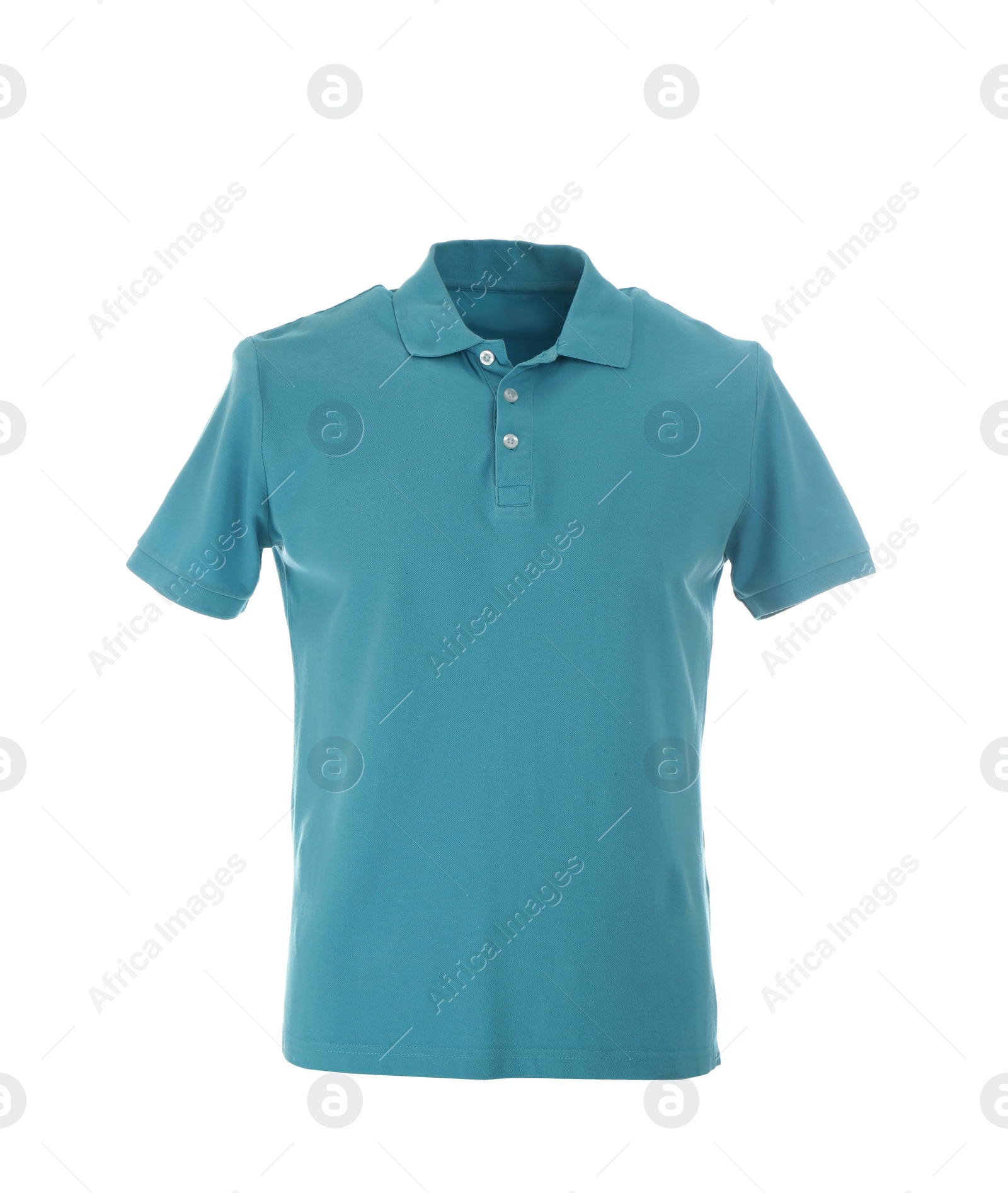 Photo of Stylish polo shirt on mannequin against white background. Men's clothes