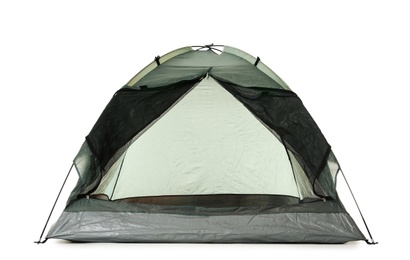 Photo of Comfortable grey camping tent on white background