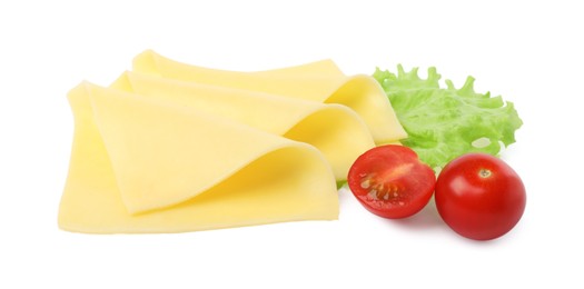 Photo of Slices of fresh cheese, tomatoes and lettuce isolated on white