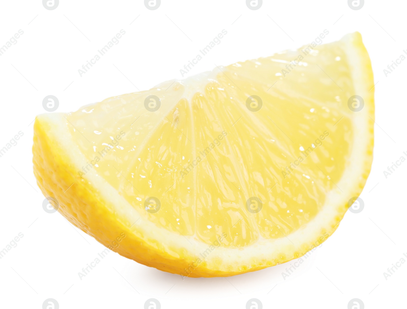 Photo of Lemon wedge isolated on white. Citrus fruit