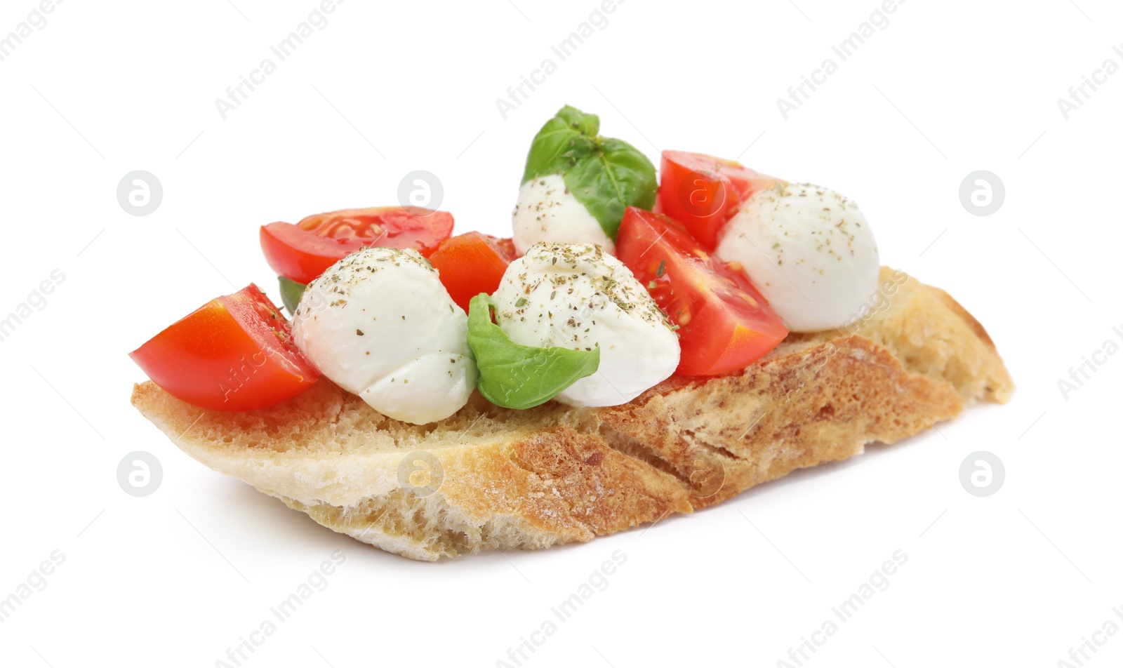 Photo of Delicious sandwich with mozzarella, fresh tomatoes and basil isolated on white