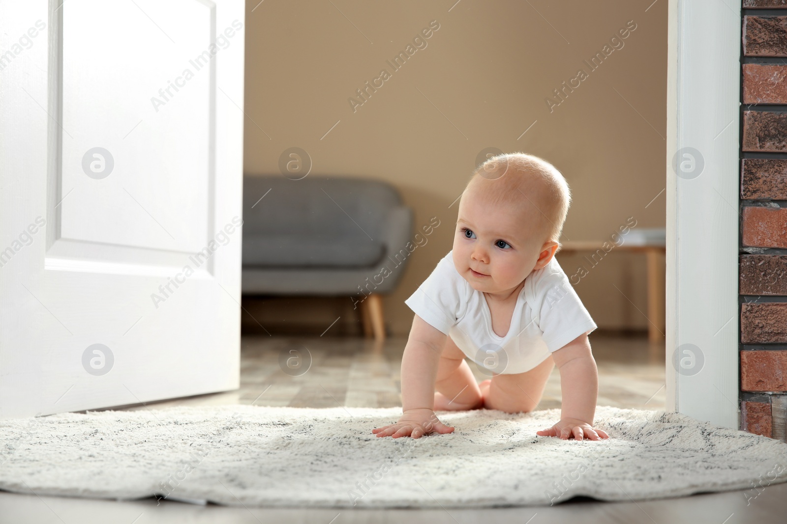 Photo of Cute little baby crawling on rug indoors, space for text