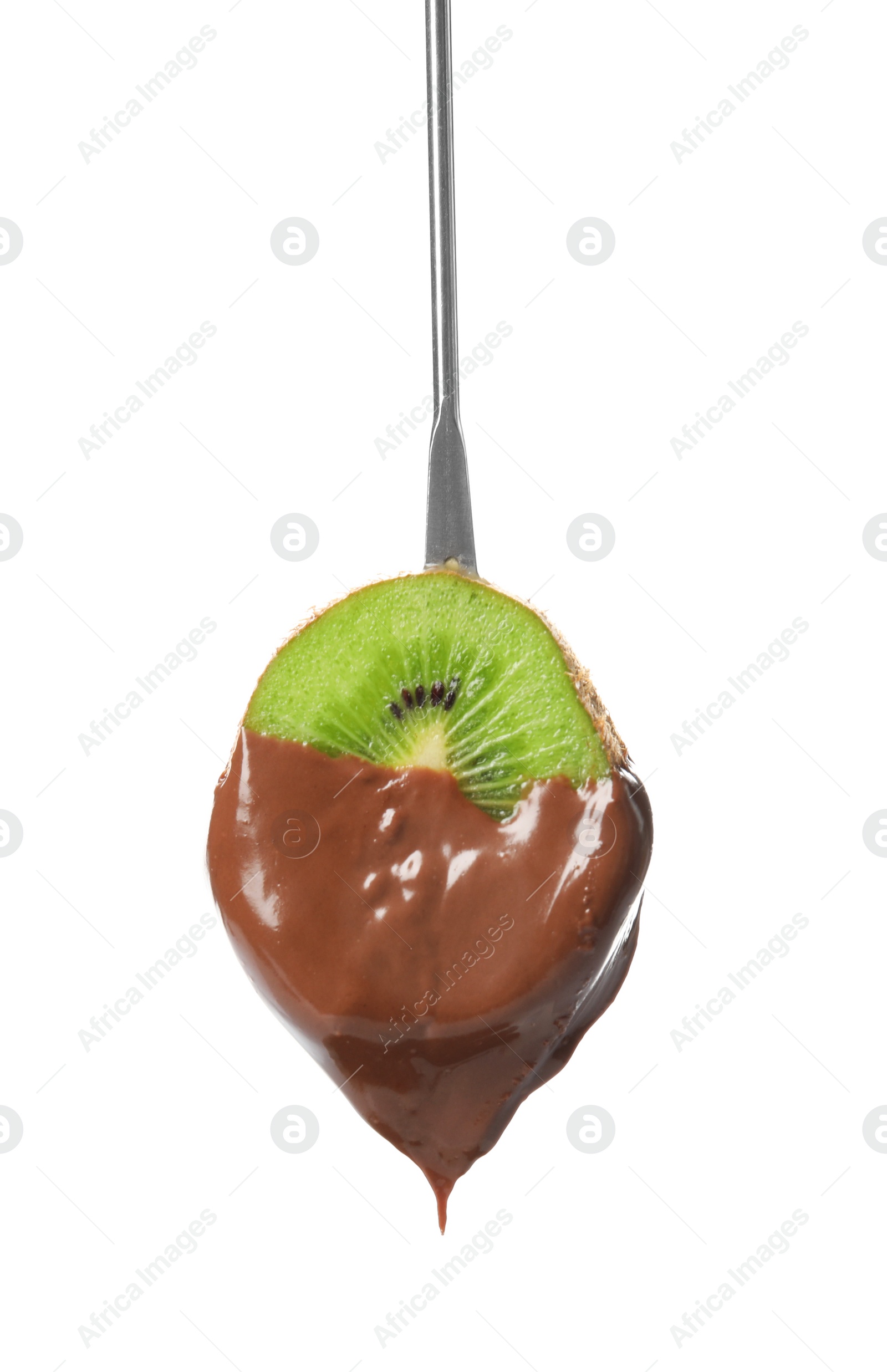 Photo of Tasty sliced kiwi dipped into chocolate fondue on white background